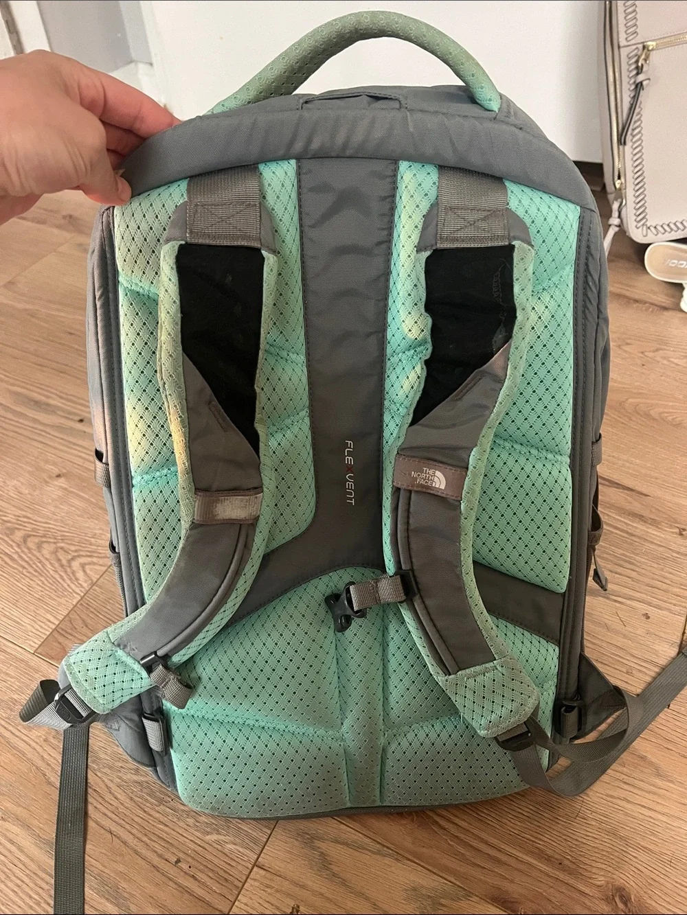 The North Face Gray Backpack with Mint Accent